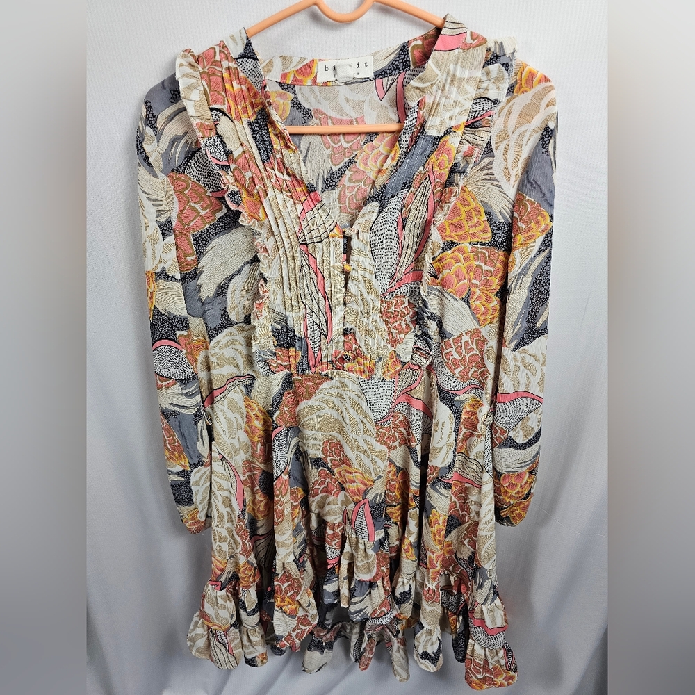 Floral Tiered Long-Sleeve Dress in Cream and Coral